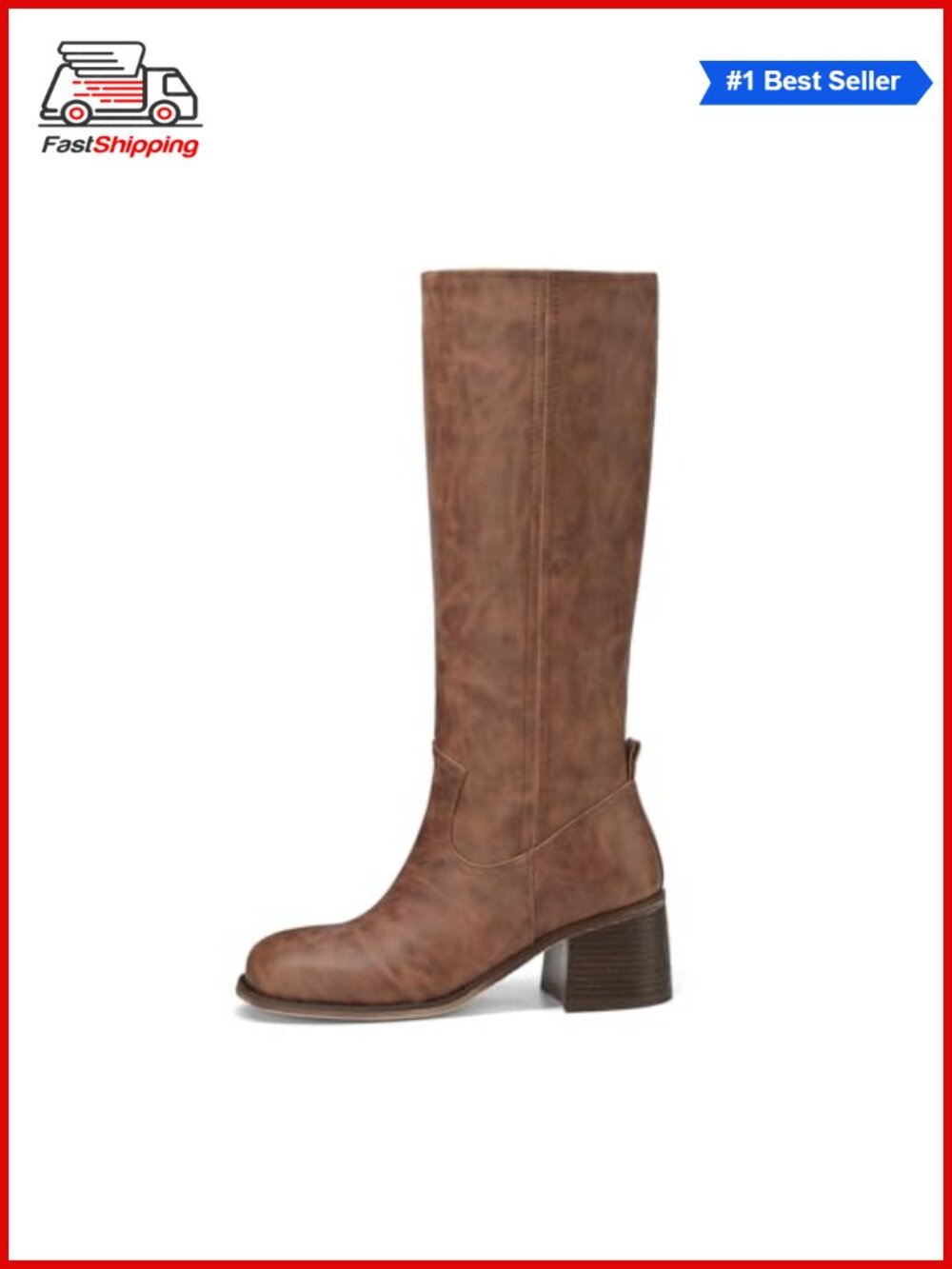 Faux Leather Knee High Boots Square Toe Chunky Block Heel Tall